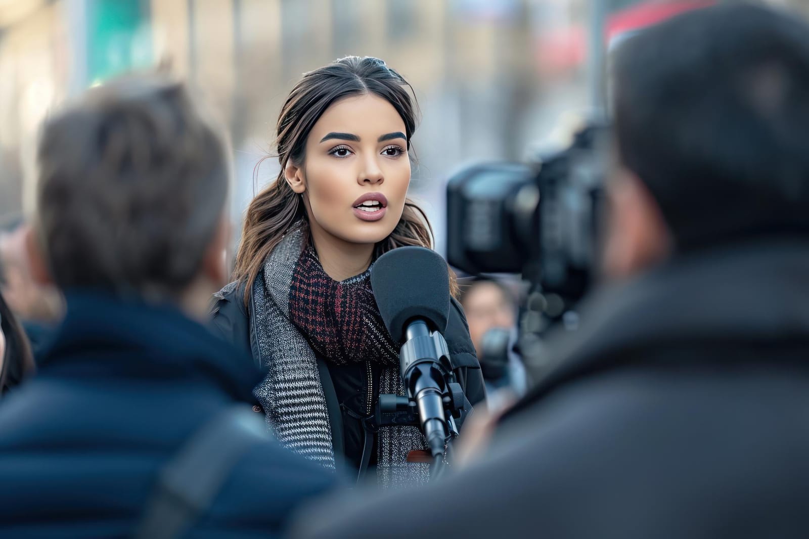 A reporter holding a microphone while speaking to a small crowd, with a camera operator nearby